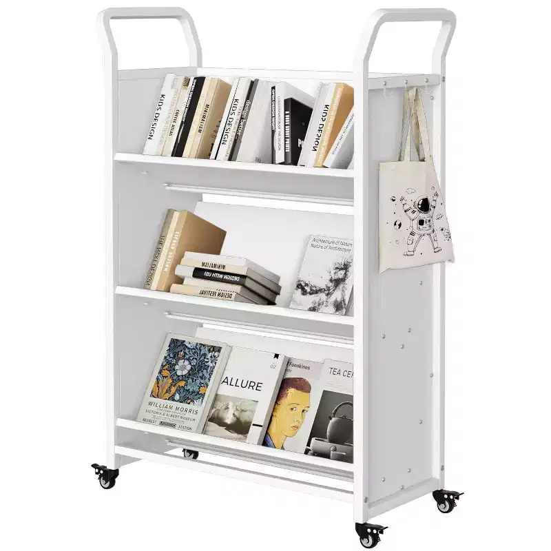 3-Tier Metal Rolling Storage Cart with Lockable Wheels and Side Hooks, White Finish, Versatile Shelving Unit for Home, Library, School, and Office