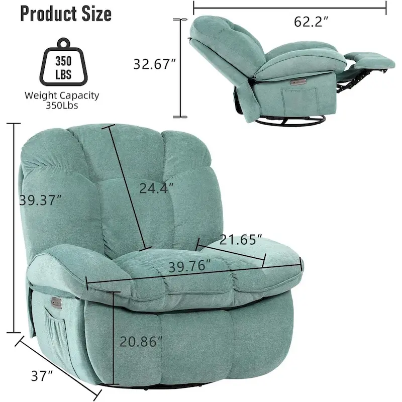 Swivel Power Recliner Chair, Massage Rocker with Heat, USB, USB-C and Side Pocket