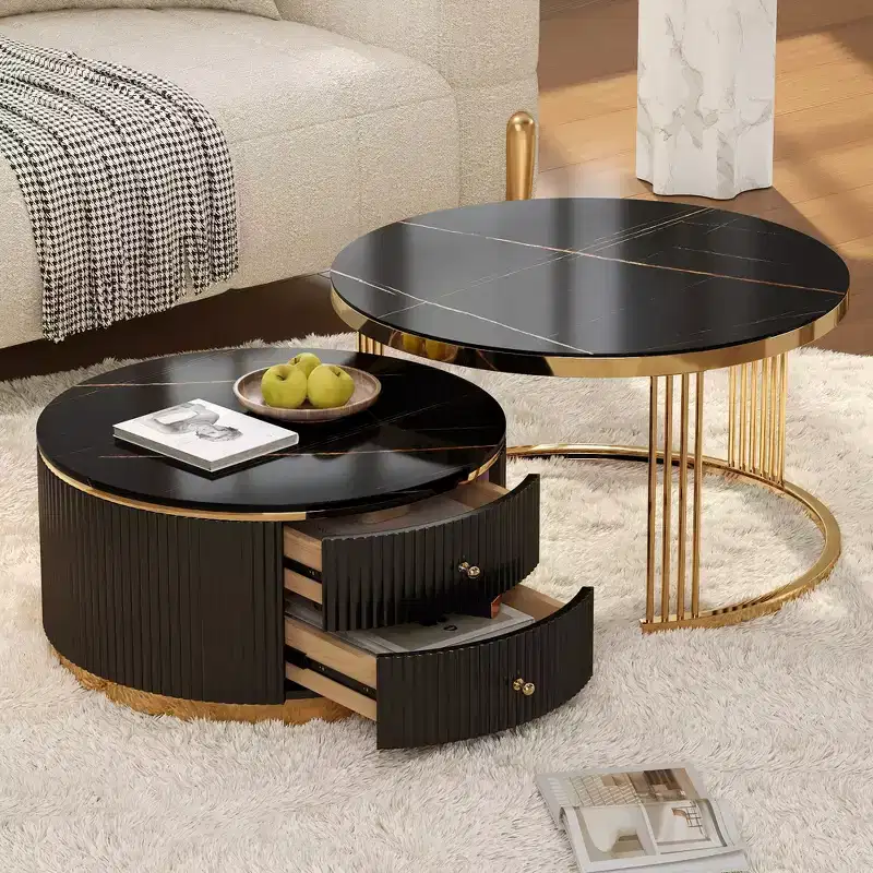 Whisen Modern Round Nesting Coffee Table with Storage Drawers and Tempered Glass Top, 2 pieces