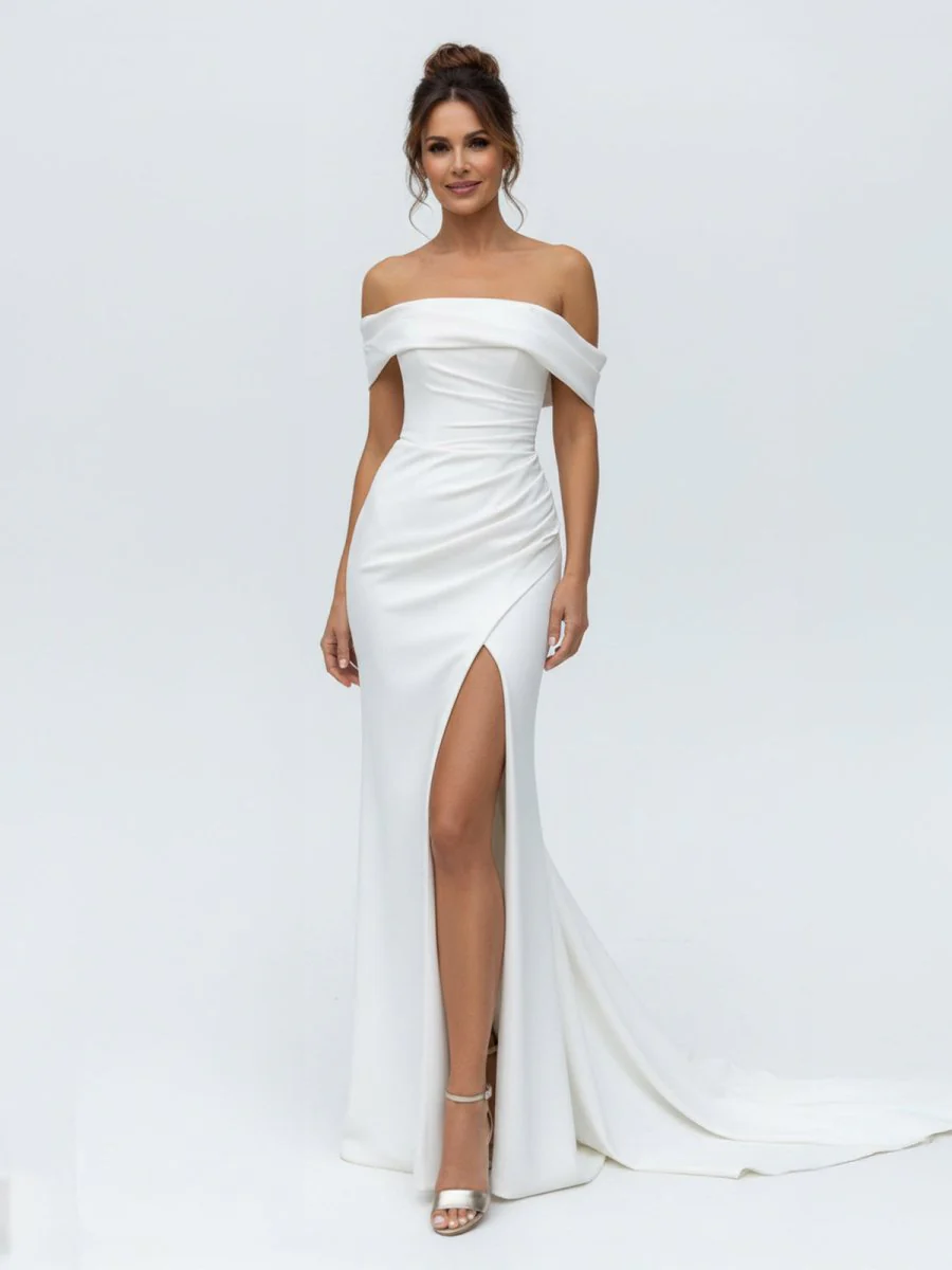 Mermaid Satin Off-the-Shoulder Sheath Wedding Dress with Zipper and Slit