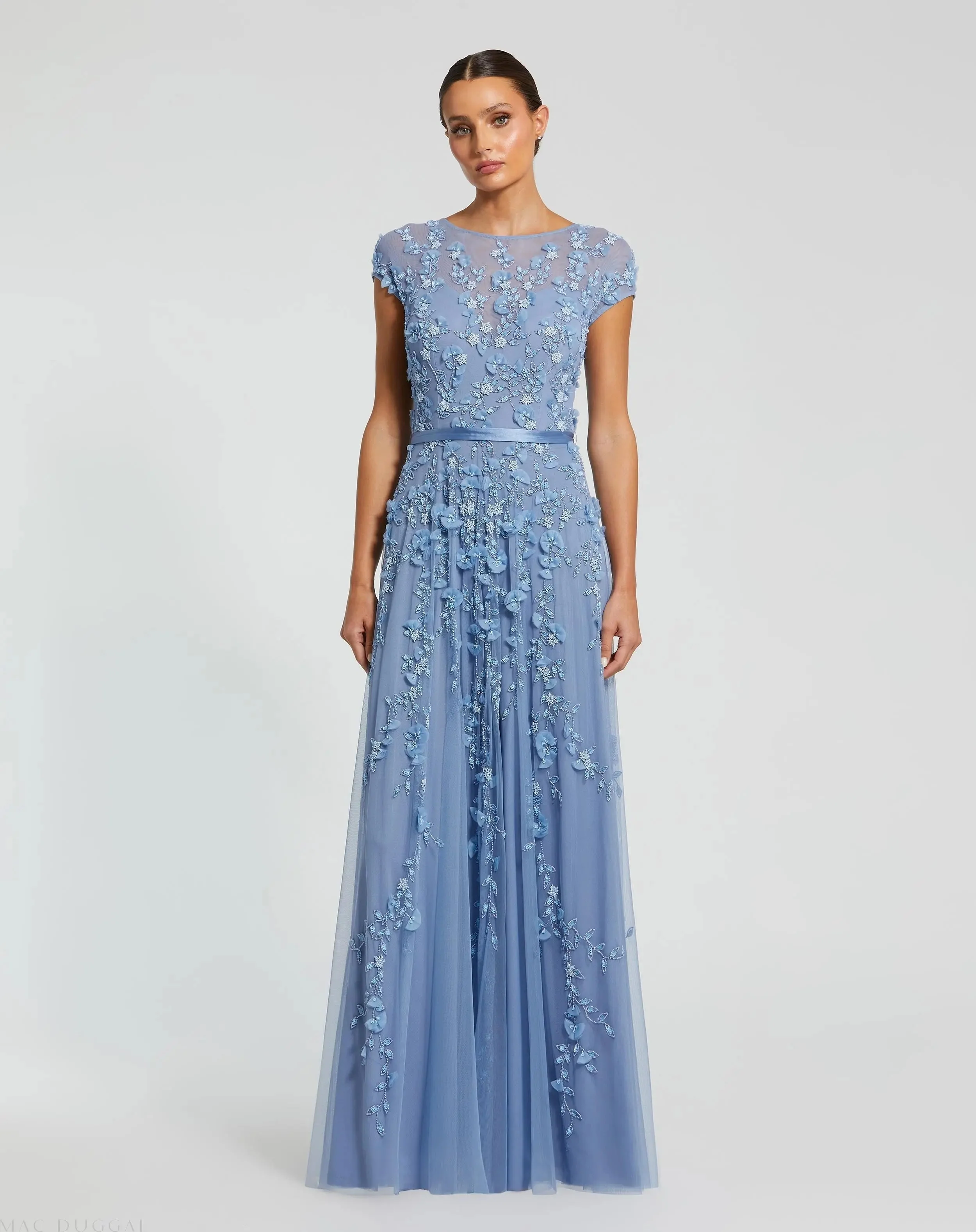 Blue Floral Embellished Cap Sleeve Gown