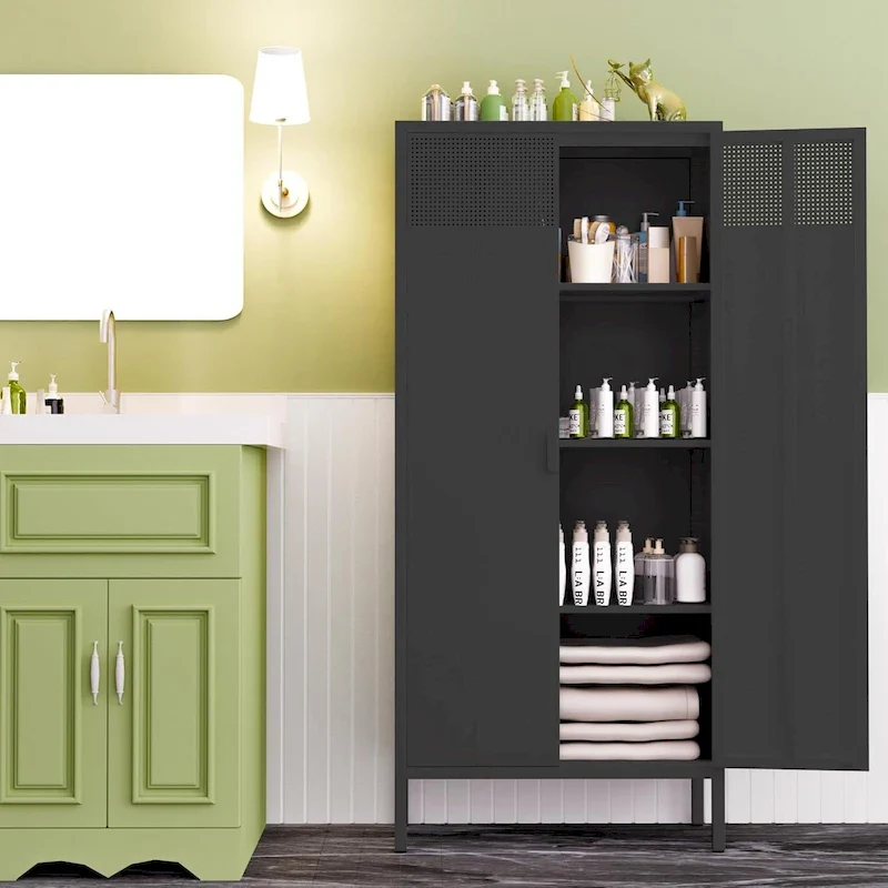 Black Metal Storage Cabinet with Adjustable Shelves, 61 in, 1-Person