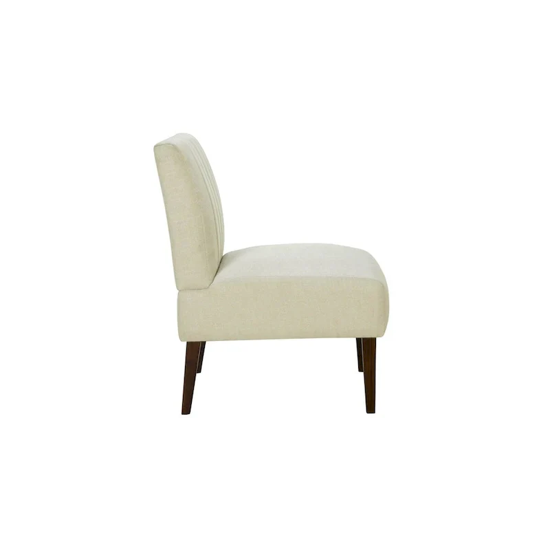 Paula 30 Inch Accent Chair, White Fabric, Channel Tufted Back, Brown Wood