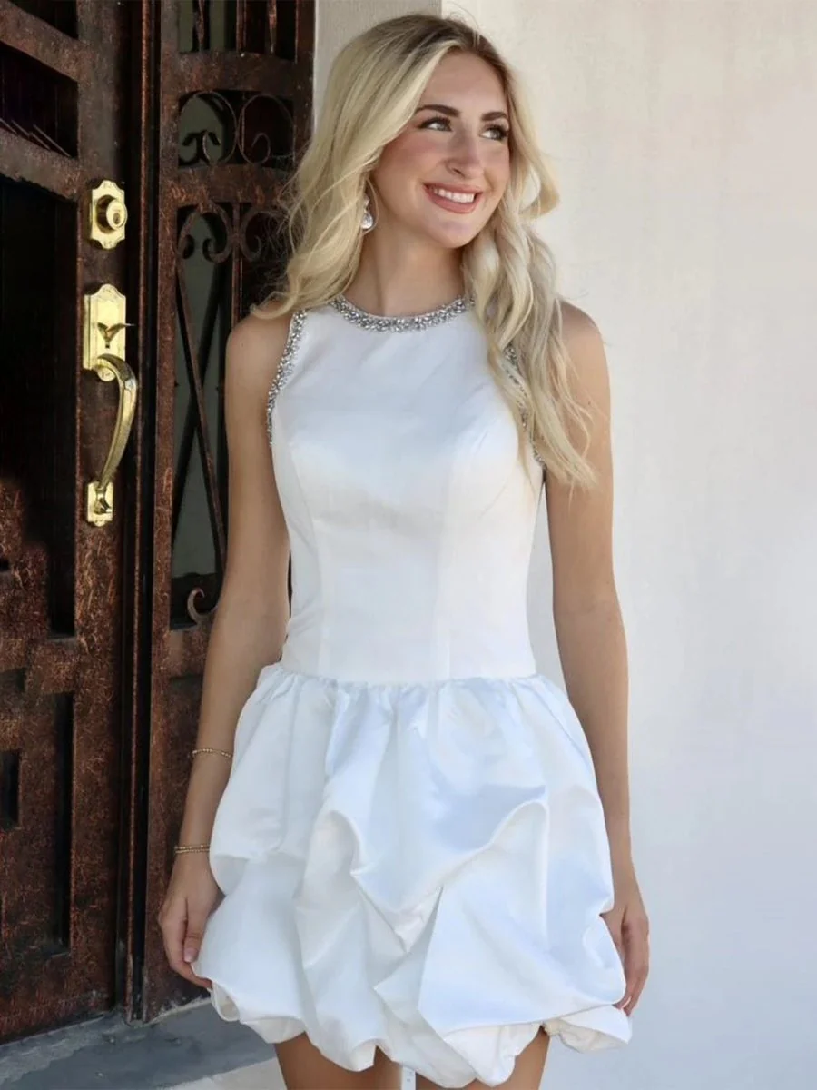 White Jewel Neck Beaded Sleeveless Ruffle Homecoming Dress