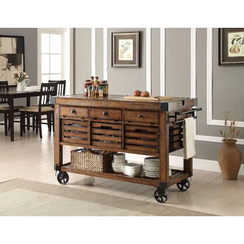 Wood & Metal Kitchen Cart, Distress Chestnut Brown