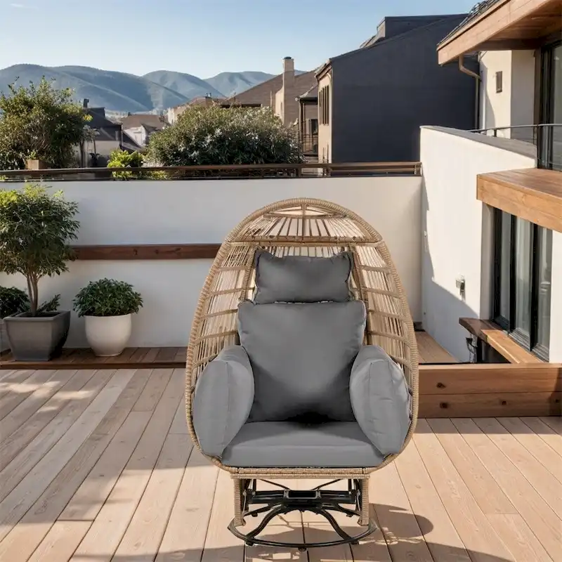 Natural Grey / Beige Rattan Egg Swivel Rocker Chair – 1 Person