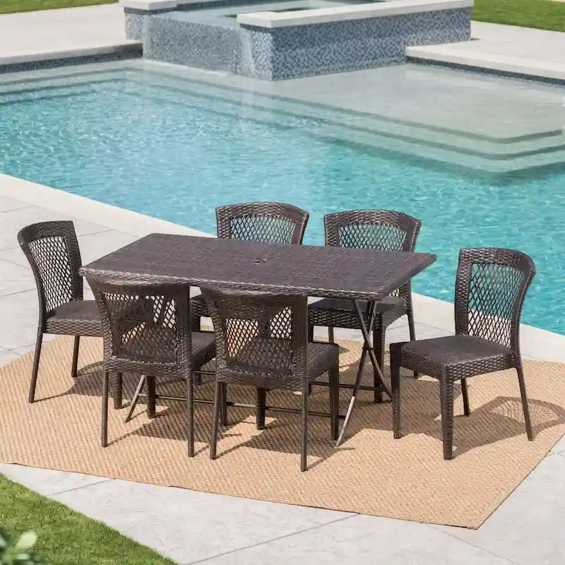 Pilar Outdoor 7-Piece Rectangle Foldable Wicker Dining Set with Umbrella Hole by Christopher Knight Home