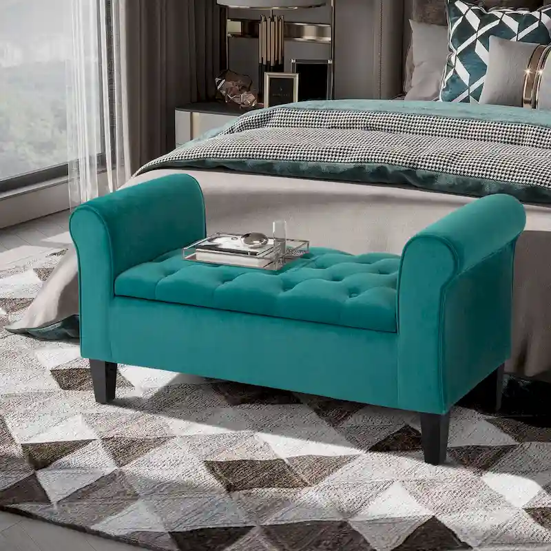 Button-Tufted Storage Ottoman Bench, Upholstered Bed Bench with Rolled Armrests for Bedroom, Living Room or Hallway
