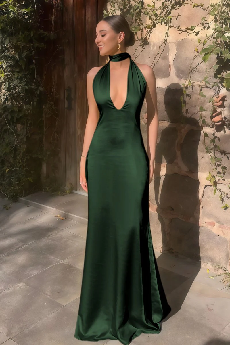 Yellow - Halter Deep V Neck Satin Sheath Backless Long Prom Dresses