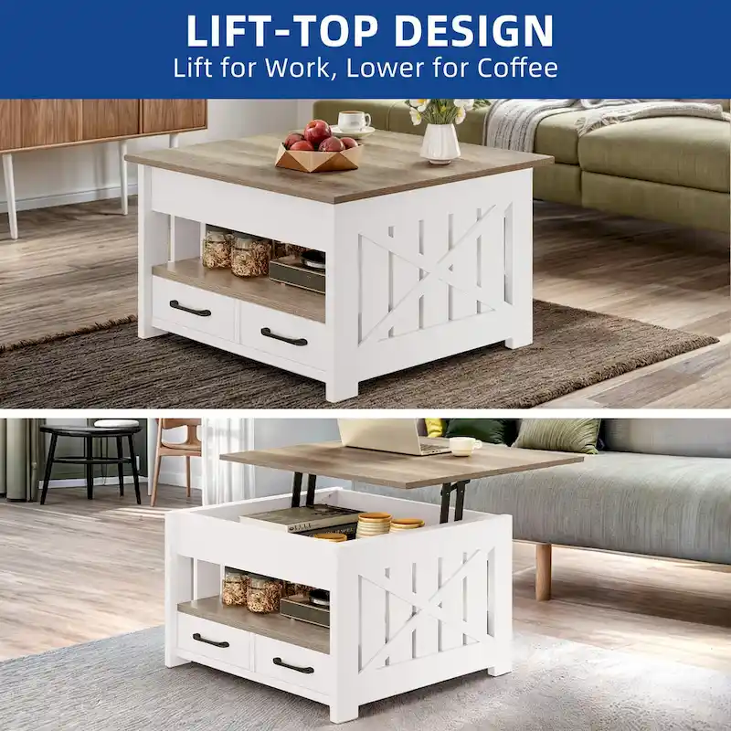 Square Lift Top Coffee Table - White & Gray Wood