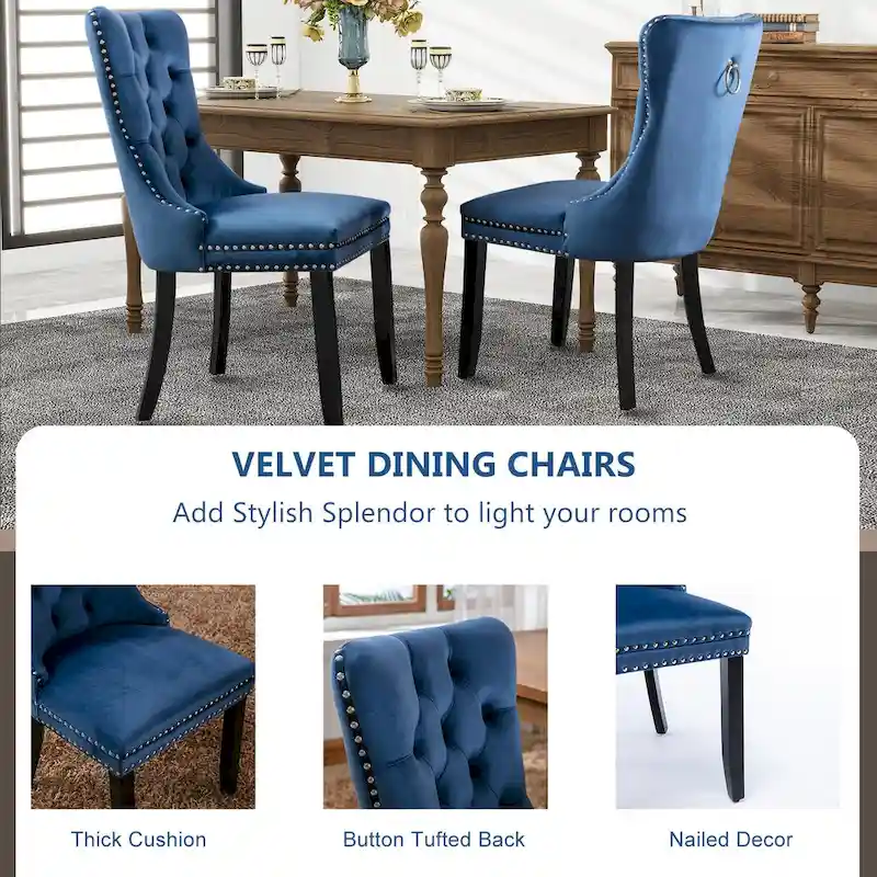 Velvet Dining Chairs, Tufted Solid Wood Armless Chairs Accent Chair with Nailhead Trim and Back Ring Pull