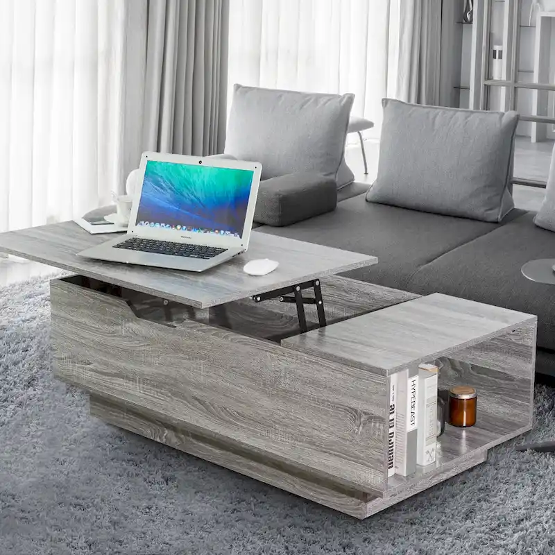 Grey / Walnut Lift-Top Coffee Table with Hidden Storage and Open Side Shelf – 47.2 in