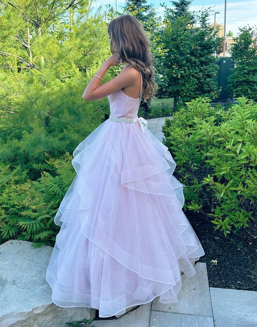 A-Line V-Neck Ruffled Tulle Prom Dress With Belt