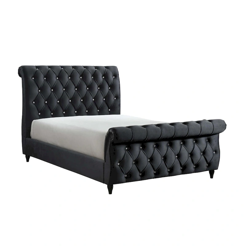 Ellowen Queen Size Bed, Diamond Tufted Black Upholstery, Panel Headboard