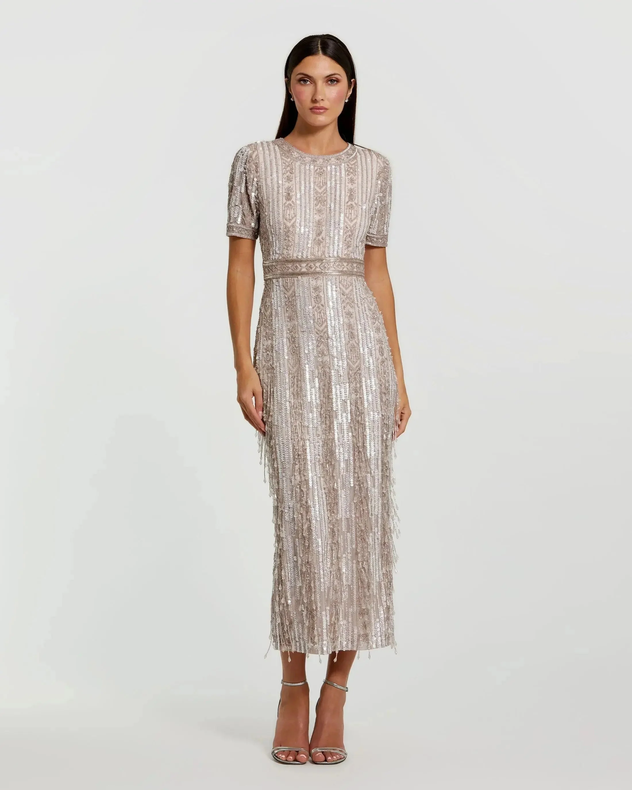 High Neck Short Sleeve Crystal Fringe Sheath Dress