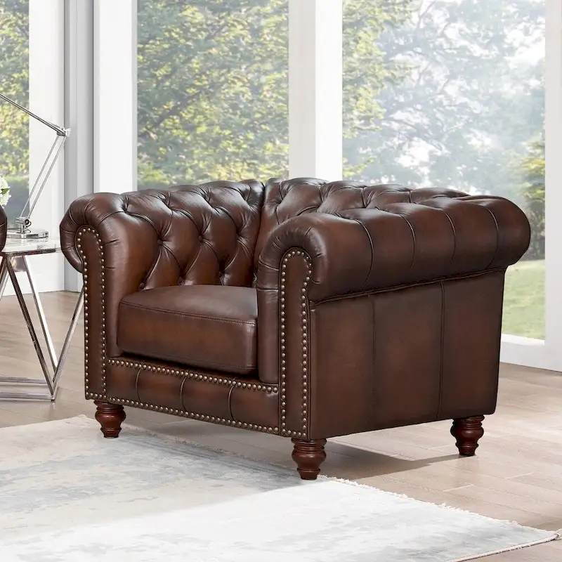 Hydeline Alton Bay Top Grain Leather Chesterfield Sofa, Loveseat and Chair - Sofa, Loveseat, Chair