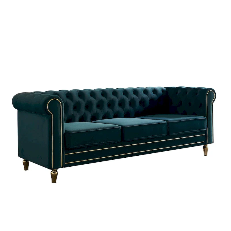 Green / Pink Velvet Chesterfield Sofa with Gold Trim & Button Tufting – 2-Seat
