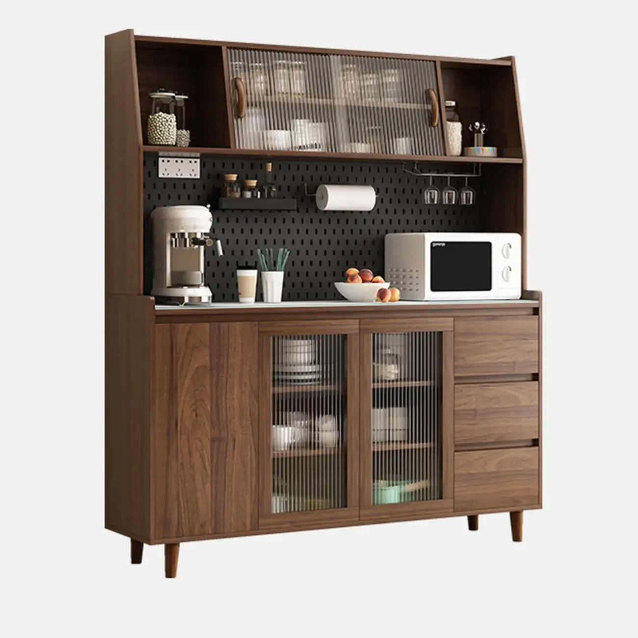 Wide Brown Wooden Pegboard Back Sideboard with Hutch