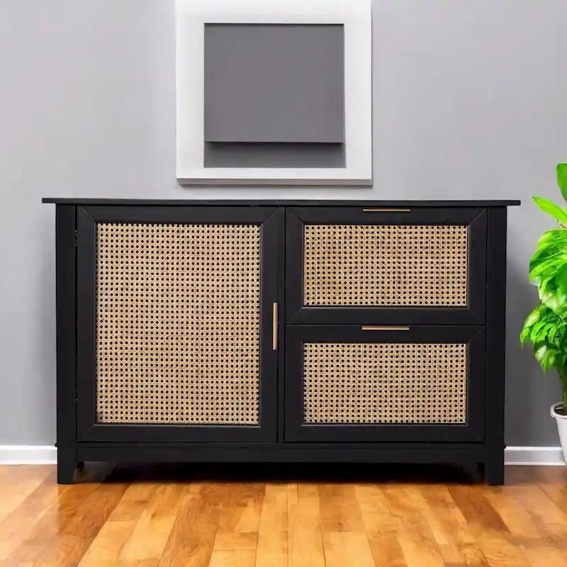 Black Wood & Rattan 2-Drawer Sideboard with Storage Cabinet