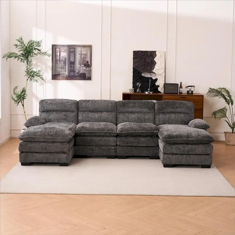 U-shaped profile sofa, including two single seats and two chaise, modular sofa, Chenille sofa