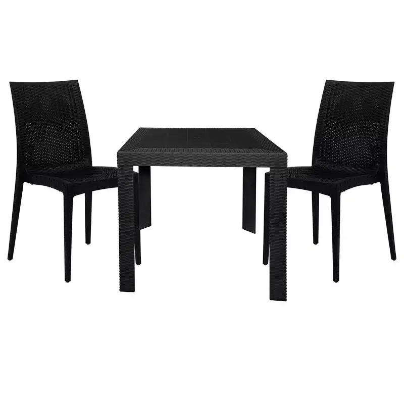 LeisureMod Mace 3-Piece Mid-Century Modern Outdoor Bistro Set - White Round Table with 2 Stackable Chairs