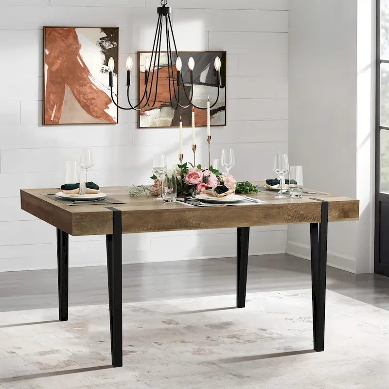 Oak Finish 6-Person Rectangular Dining Table, Black Metal Legs