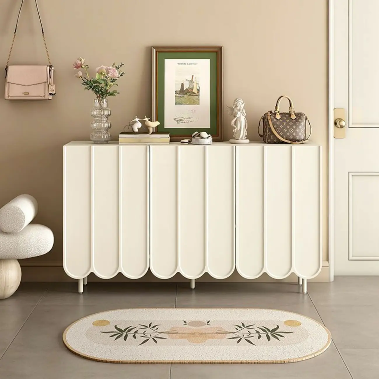 Entryway White Wooden Fluted Front Shoe Cabinet