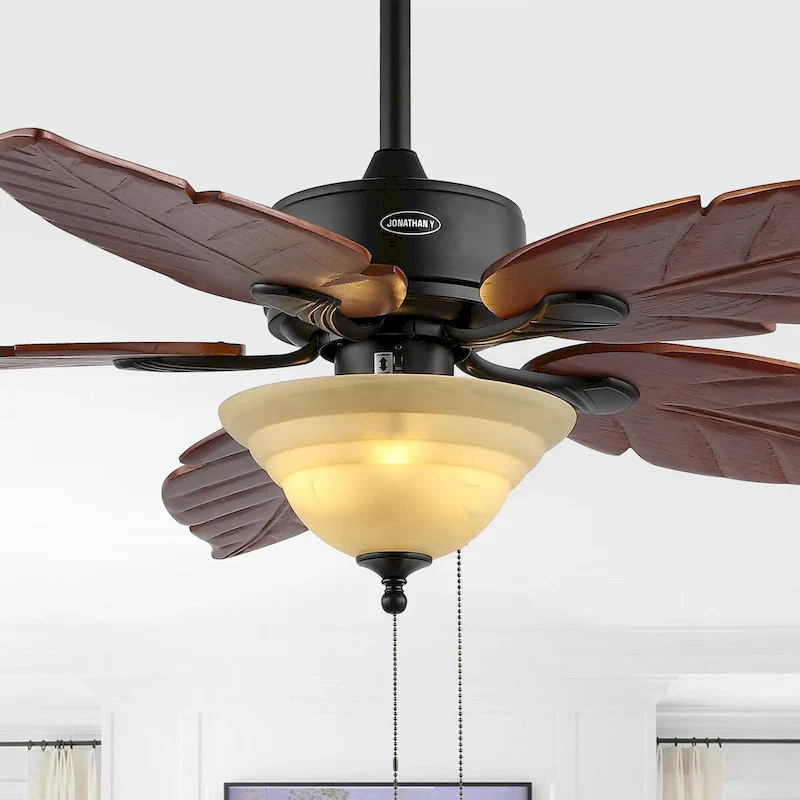 Owen 52  3-Light Coastal Bohemian Iron/Wood Palm Leaf LED Ceiling Fan with Pull Chain, by JONATHAN Y