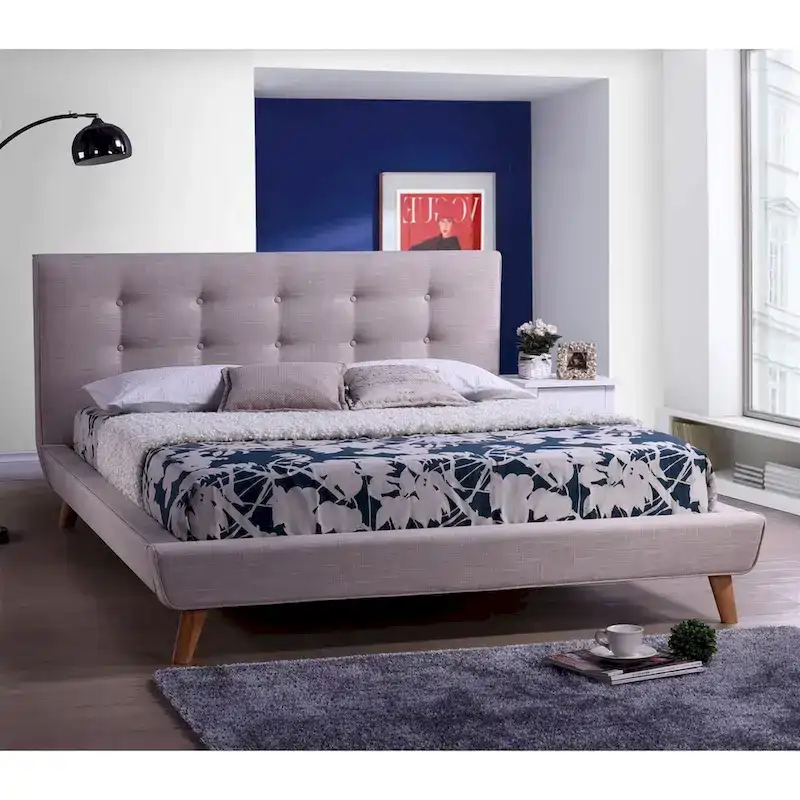 Full Size Grey Linen Upholstered Platform Bed with Tufted Headboard
