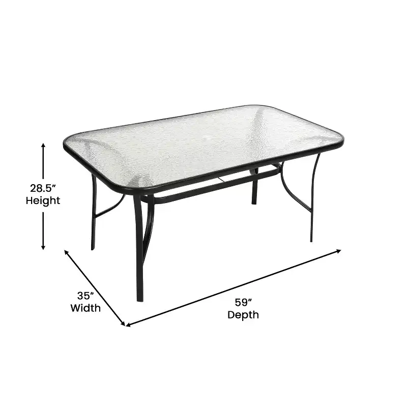 Emma and Oliver Rectangular Tempered Glass Top Patio Table with Umbrella Hole and Black Steel Tube Frame
