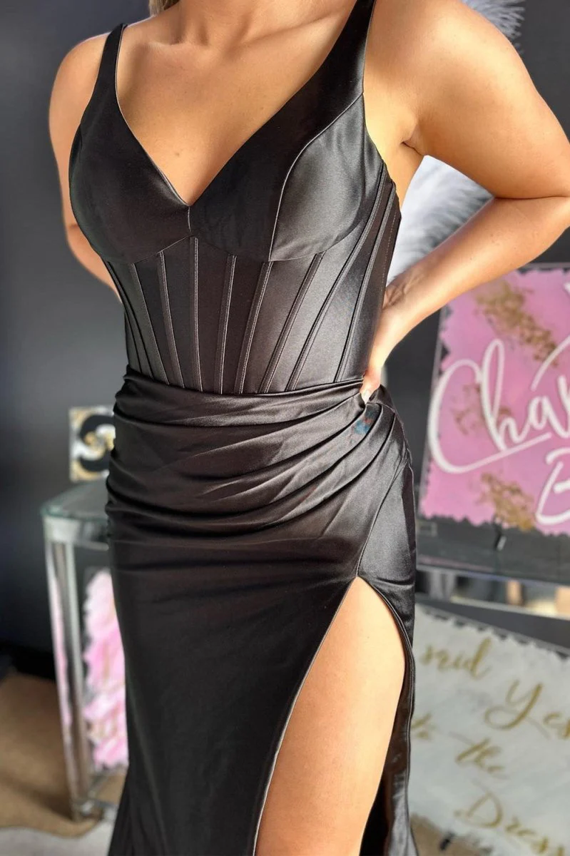 Grape Mermaid Satin V Neck Long Prom Dress with Slit