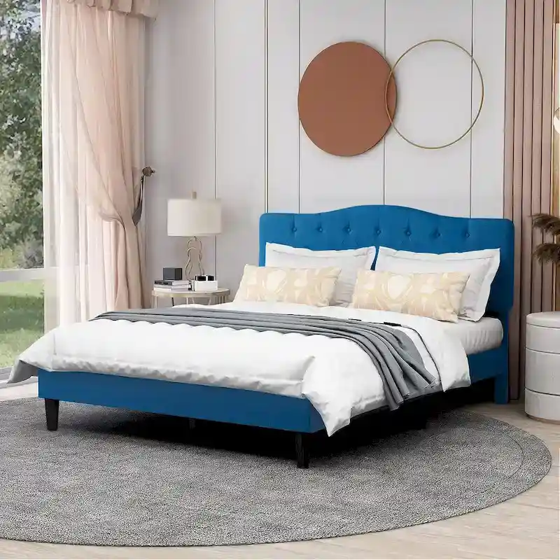 Dark Blue Tufted Upholstered Platform Bed Frame with Adjustable Headboard – Twin/Full/Queen