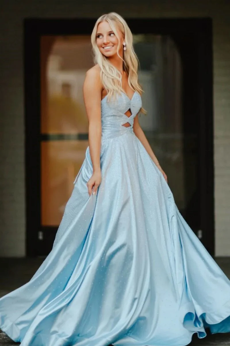 Sky Blue Strapless A Line Satin Beaded Long Prom Dresses With Cutout