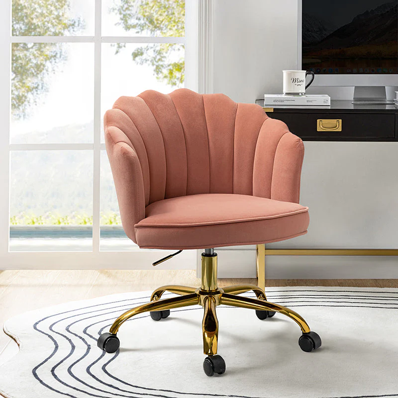 Velvet Flower-Back Swivel Office Chair with Tufting, Adjustable Height & Gold Metal Base | Pink / Black / Teal / Yellow / Grey / Sage / Ivory | Single Seat