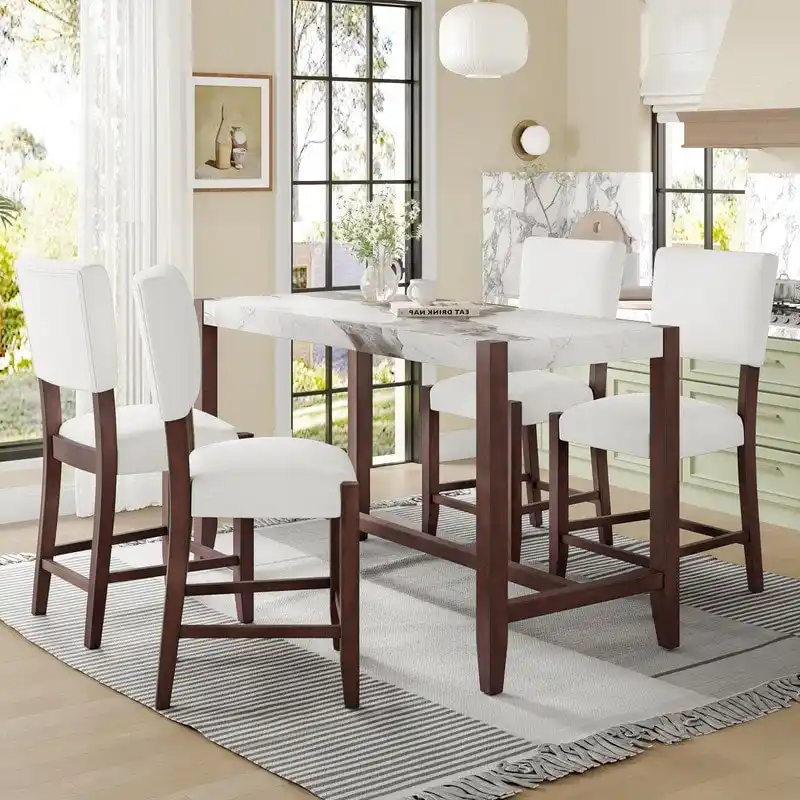 Modern 5-Piece Counter Height Dining Table Set, Faux Marble Bar Table and 4 Upholstered-Seat Chairs
