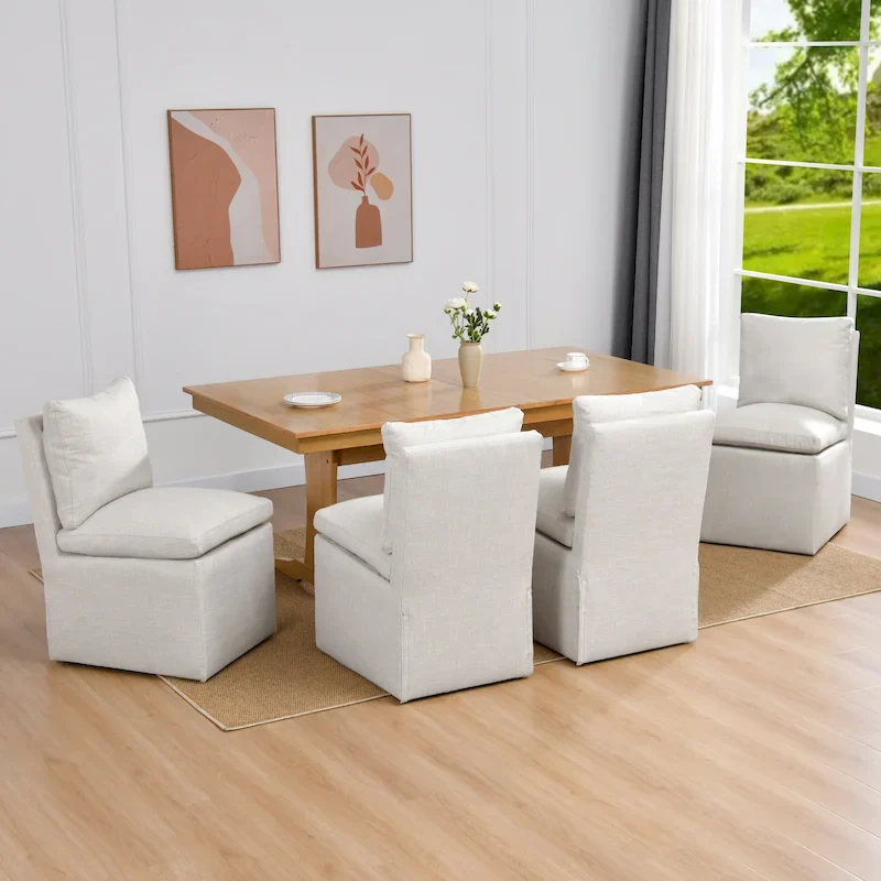 Beige Faux Linen Swivel Rolling Armchair with Casters, 1-Person