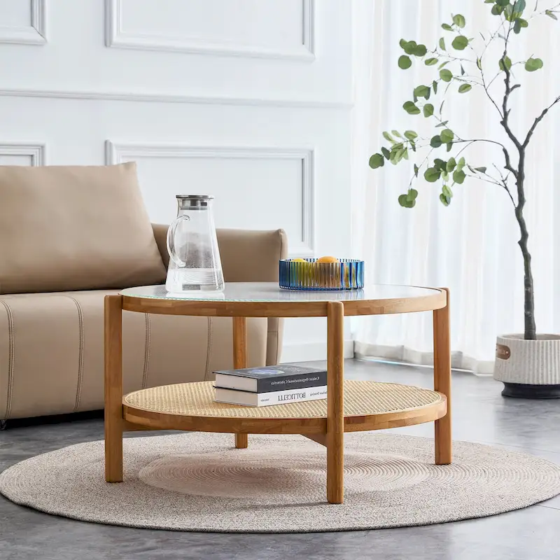 Circular double-layer solid wood tea table