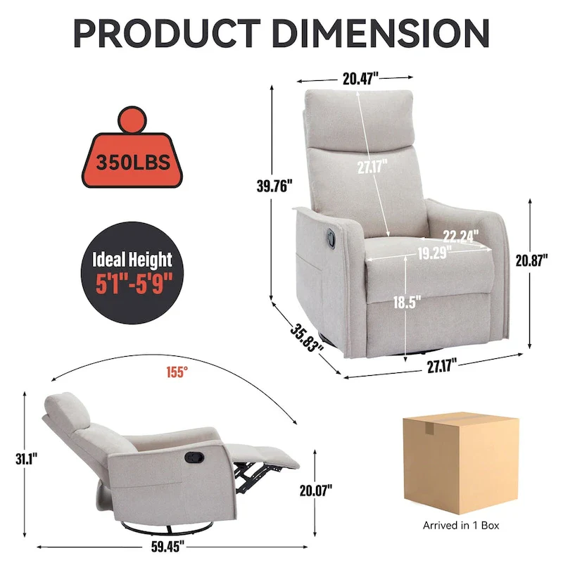 8 Point Massage Manual Recliner Chair Fabric Swivel Rocking Chair Single Sofa Armchair with Rocker and Lumbar Heating