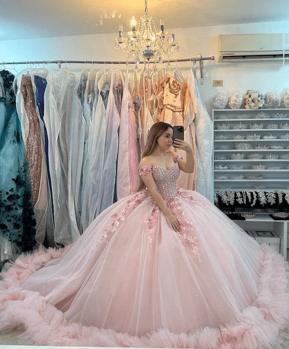 Pink Off-the-Shoulder Lace-Up Back Quinceanera Dress Ball Gown