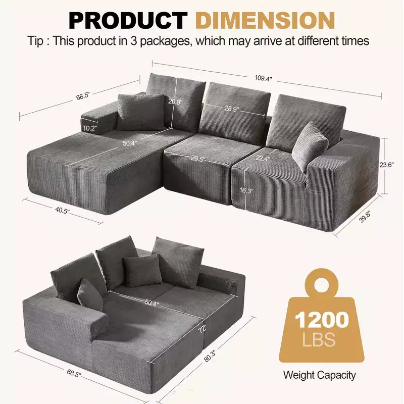 Whisen Modular Sectional Sofa with Chaise, L Shaped Cloud Couch, No Assembly Required