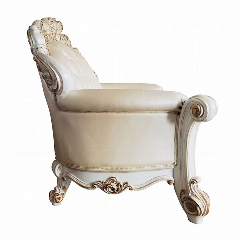 Antoine Loveseat, Carved, Champagne Faux Leather, Pearl White 70 Inch