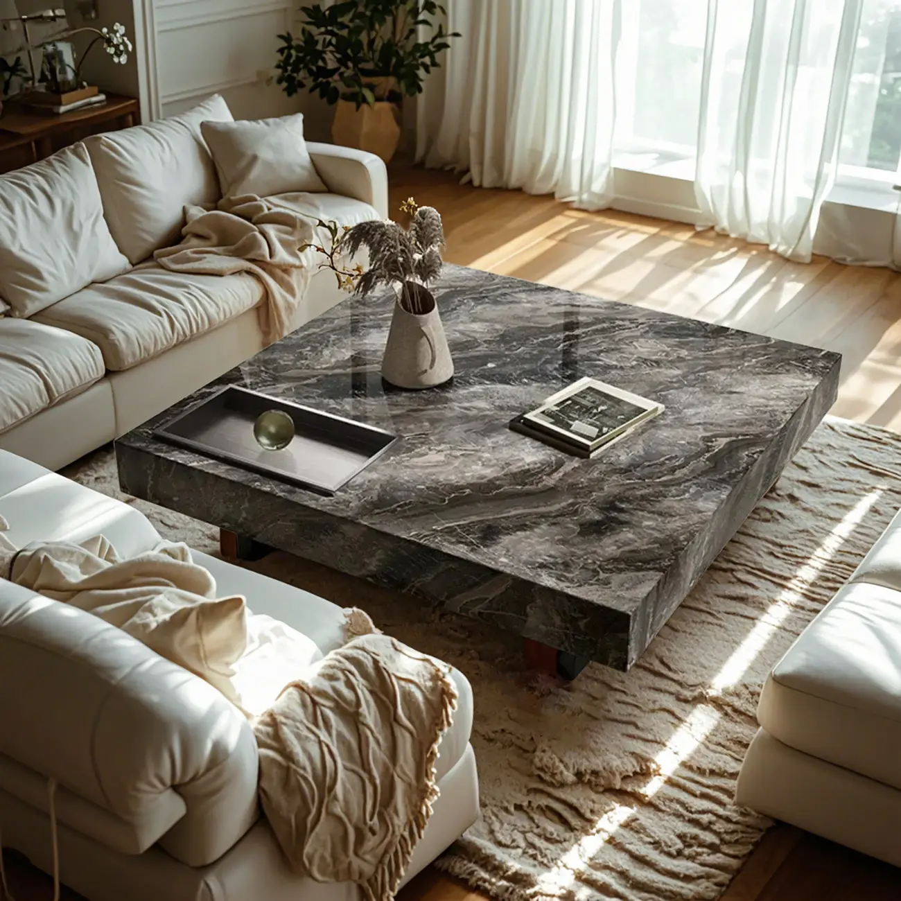 Modern Low Stone Square Coffee Table with Double Pedestal