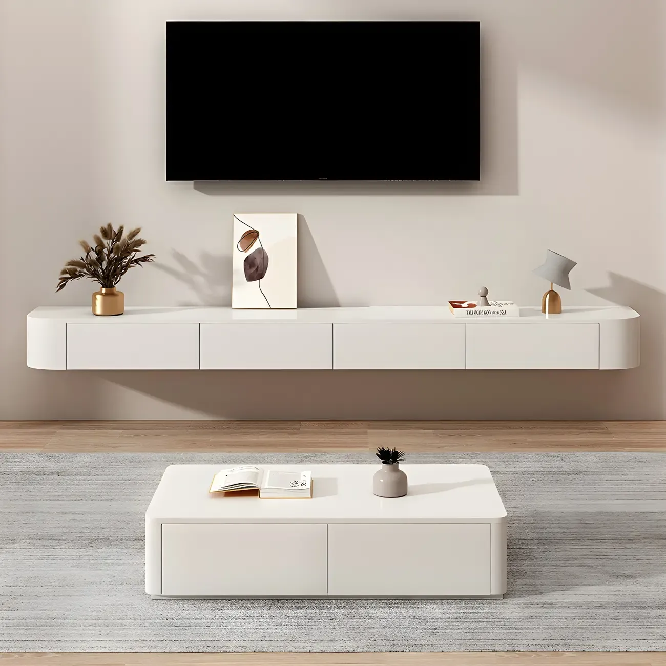 Modern Solid Wood Floating TV Stand with Drawers