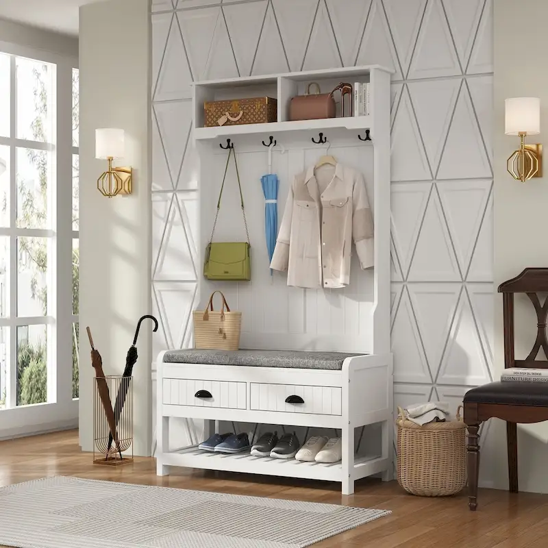 34.3 Wide Hall Tree with Bench and Shoe Storage