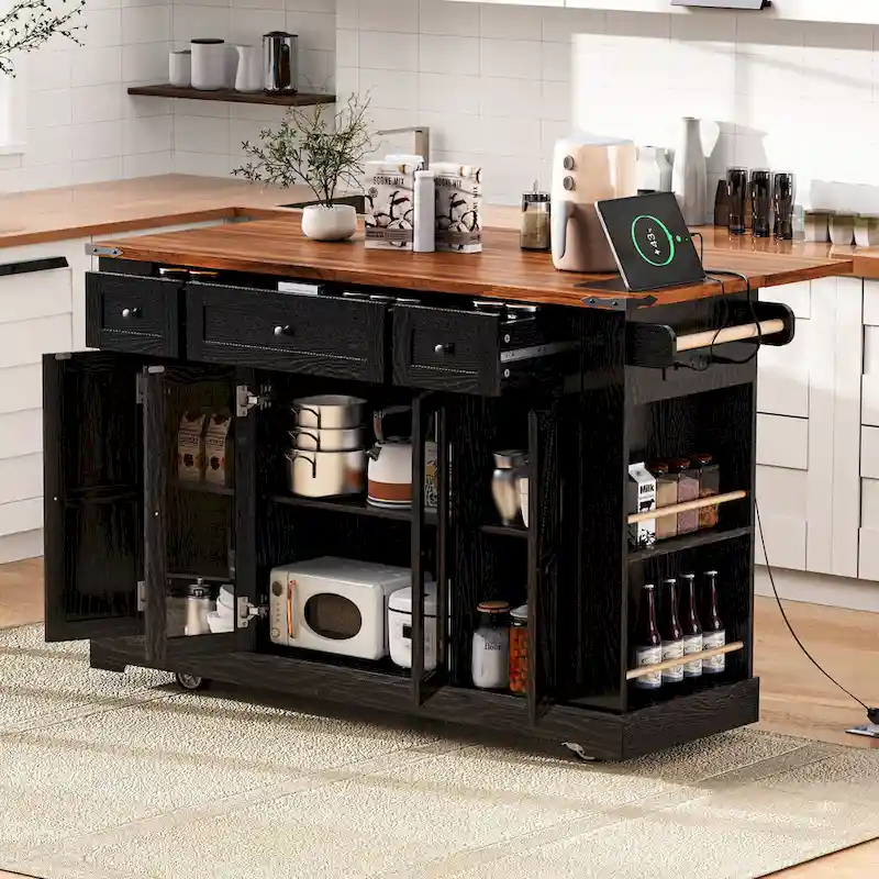 Kitchen Island on Lockable Wheels with Drop Leaf, Moveable Island Table with 2 Tempered Glass Doors, Power Outlet & 5 Open Racks