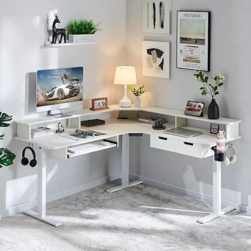 Carbon Fiber Black / Dark Rustic Oak / Antique White L-Shaped Electric Standing Desk with RGB Lighting, 1-Person