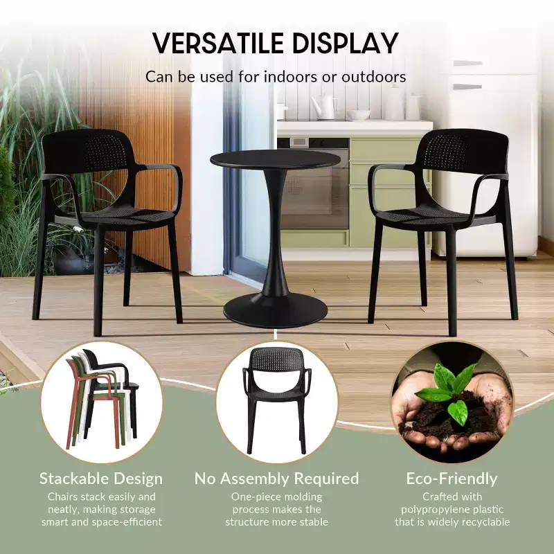 WestinTrends Playa 3-Piece Round Metal Bistro Dining Table Set And Stackable Resin Patio Dining Arm Chairs