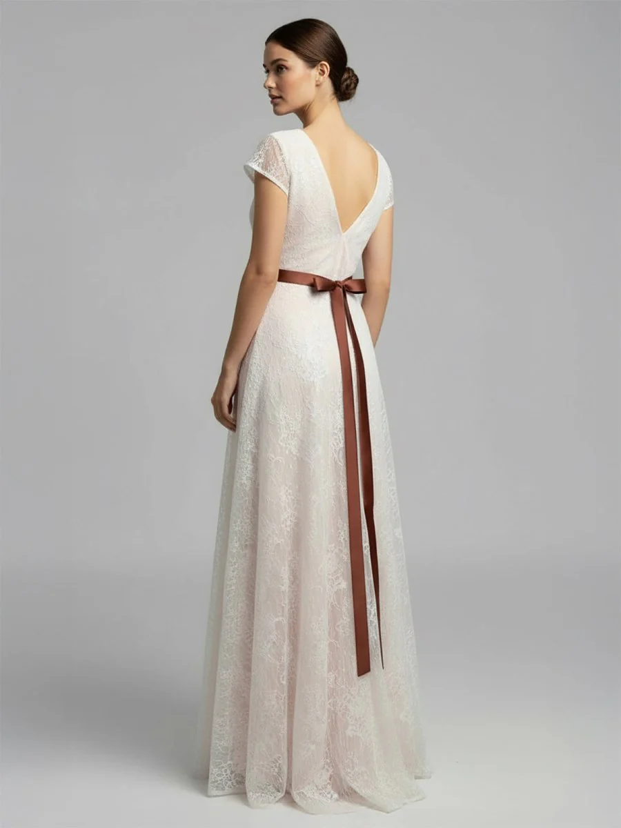 Short Sleeve V-neck Pleated Long Lace Wedding Dress