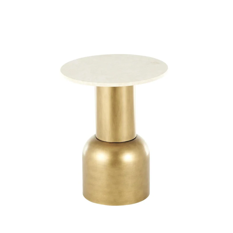Metal Pedestal Side End Accent Table with Cream Marble Tabletop - Gold