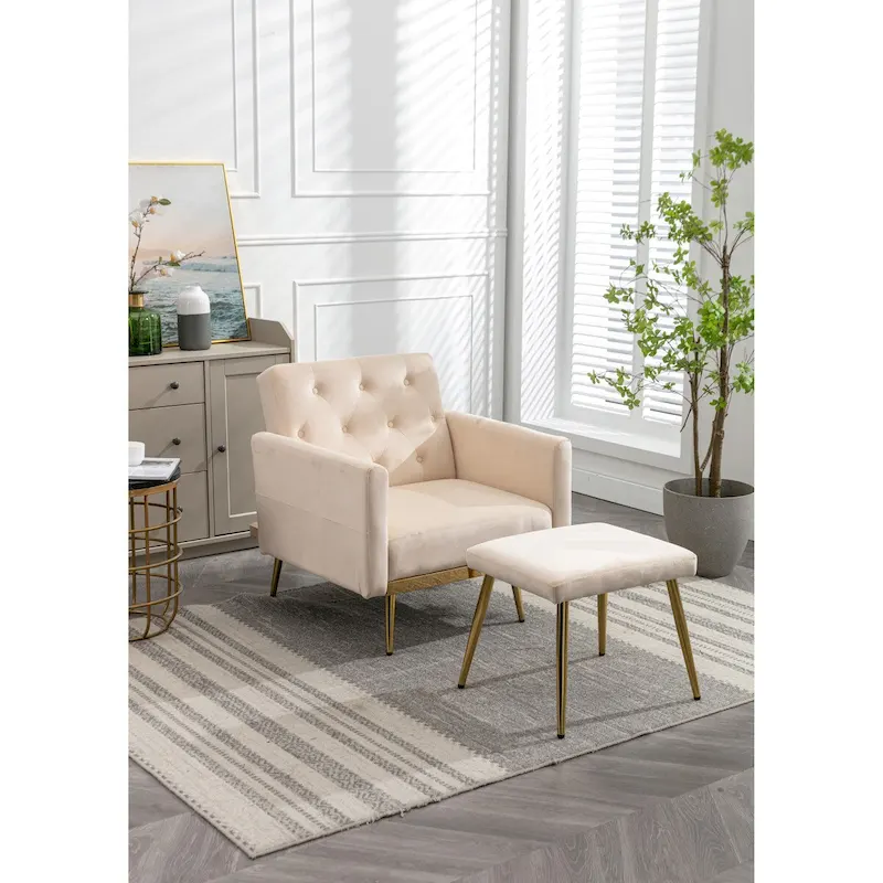 Velvet Accent Chair with Adjustable Armrests and Backrest, Button Tufted Lounge Chair, Single Recliner Armchair with Ottoman